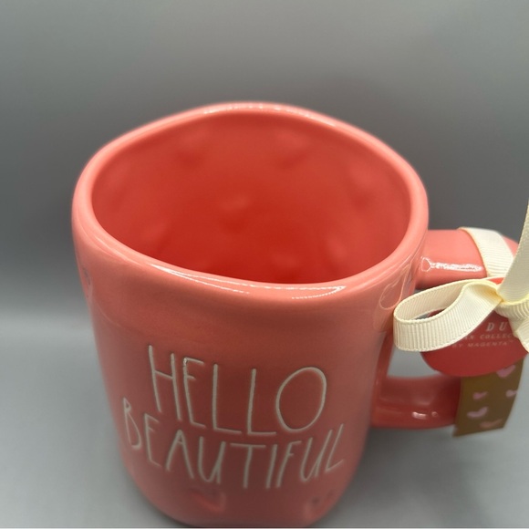 Rae Dunn HELLO BEAUTIFUL Pink Mug with Hearts Imprinted Valentine NEW - Picture 2 of 4